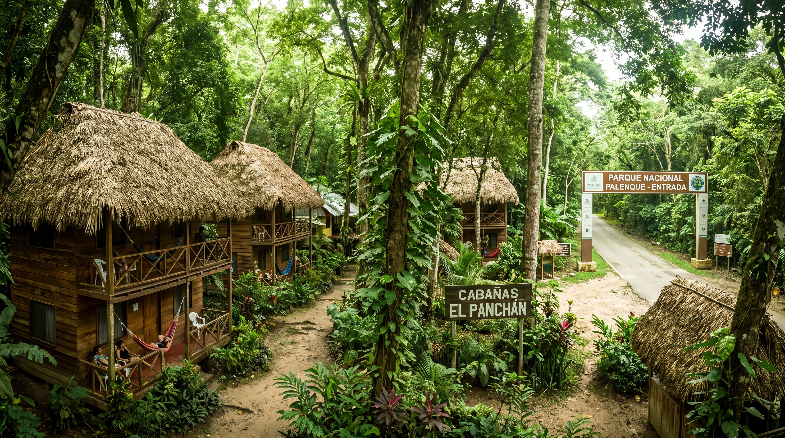 jungle cabins near the entrance of the palenque ruins