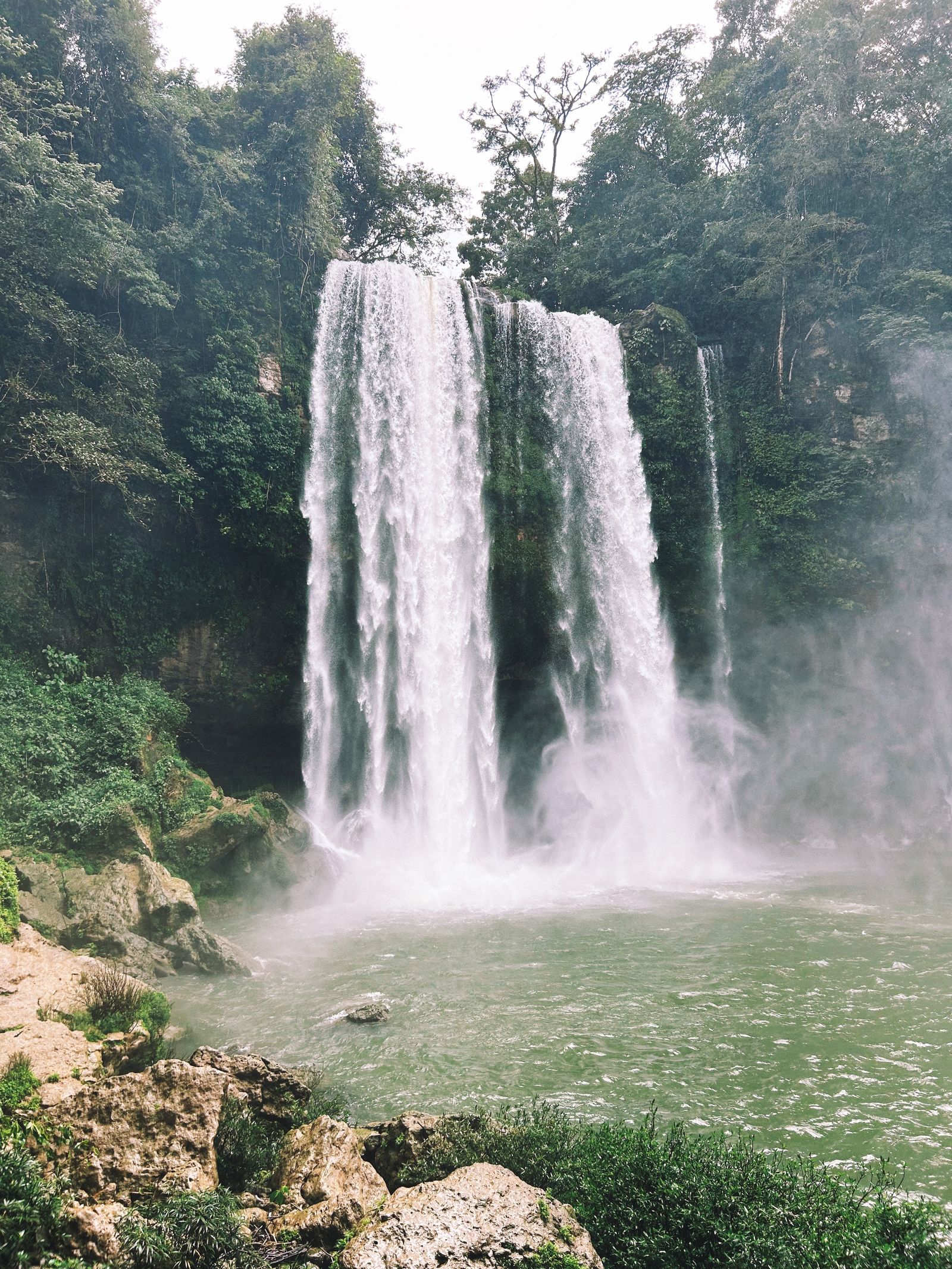 The single tall drop of Misol-Ha waterfall falling into its round jungle-ringed plunge pool The single tall drop of Misol-Ha waterfall falling into its round jungle-ringed plunge pool