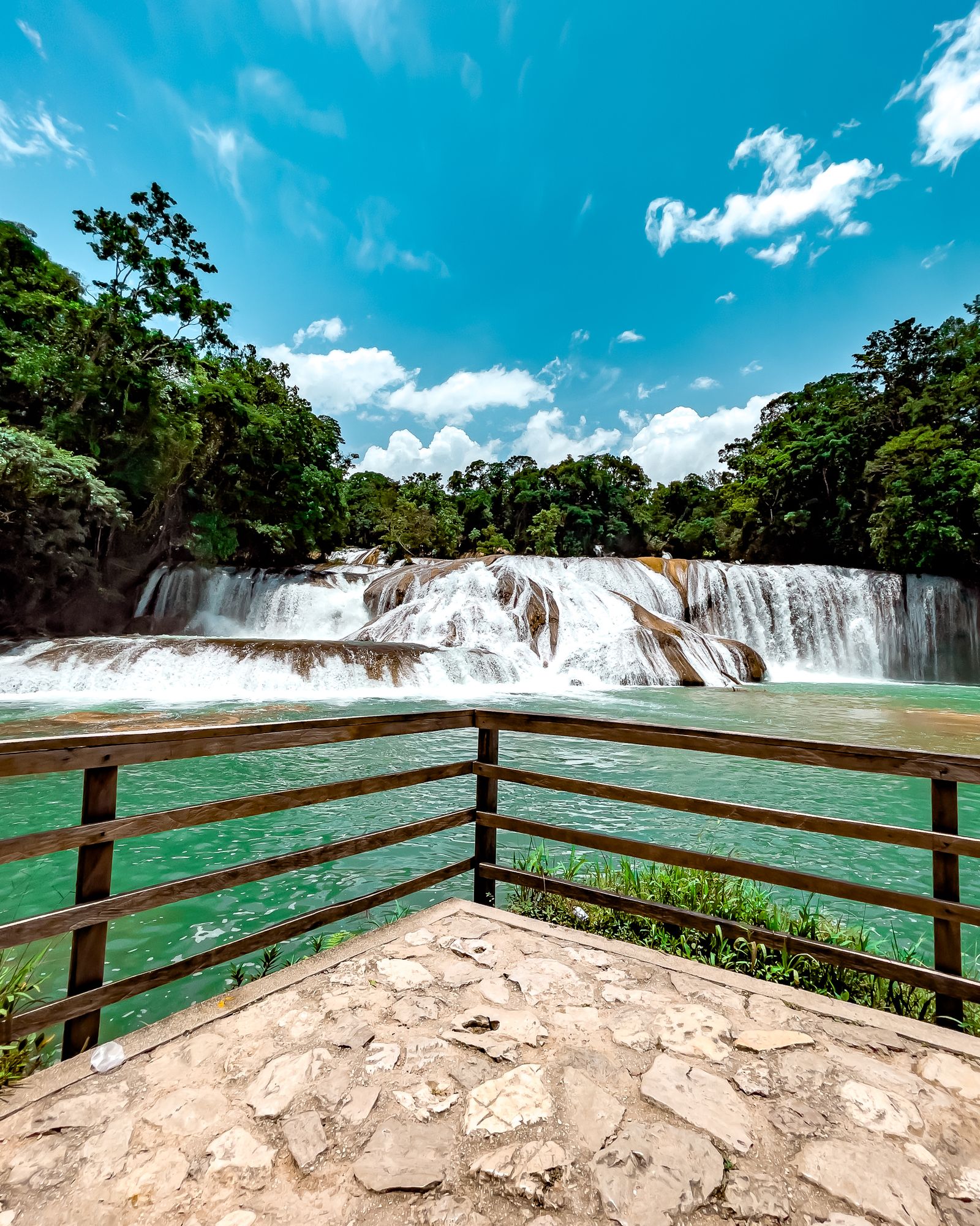 The turquoise tiers of Cascadas de Agua Azul running clear in dry-season light, jungle on both banks The turquoise tiers of Cascadas de Agua Azul running clear in dry-season light, jungle on both banks