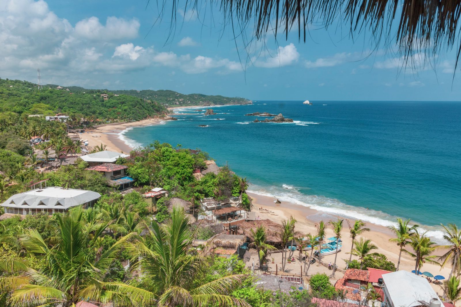 Aerial view of Mazunte beach and village on the Oaxaca coast, palm trees and turquoise water