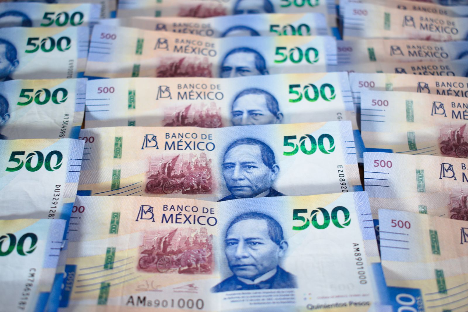 A fan of Mexican 500-peso banknotes