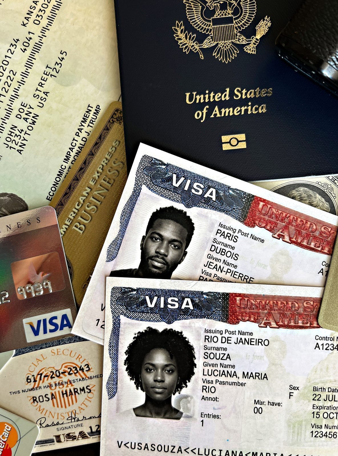 A passport open to its visa pages beside a stack of credit cards