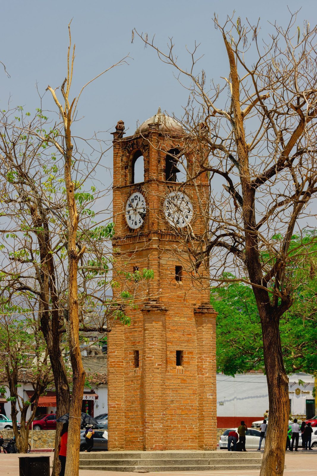 The brick clock tower on the main plaza of Chiapa de Corzo, framed by bare dry-season trees