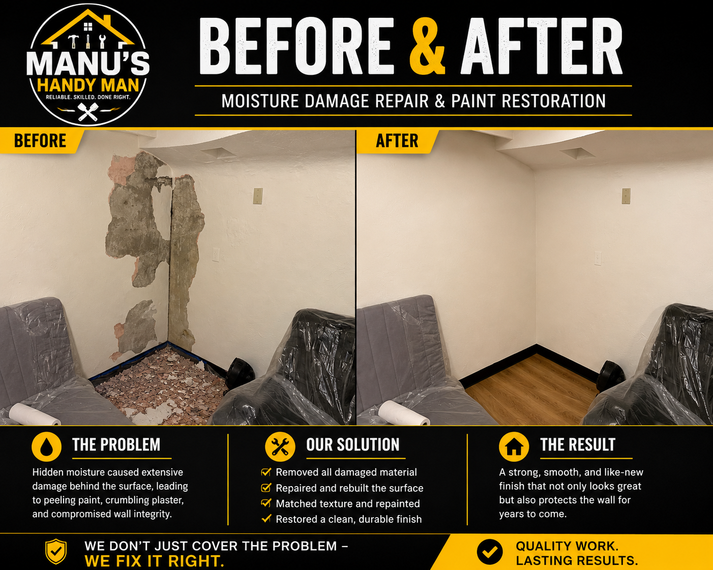 Before and after basement wall repair