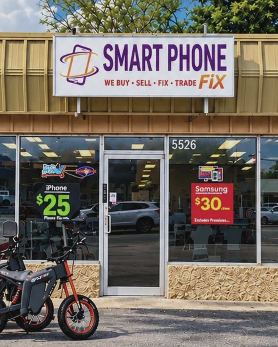 The storefront of Smart Phone Fix at 5526 66th St N, with ebikes parked out front.