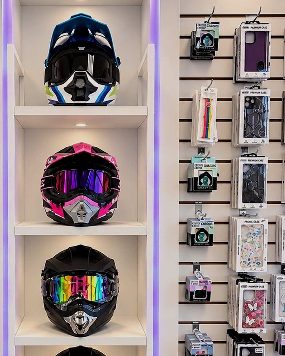 Ride helmets on a lit shelf beside the wall of phone cases at Smart Phone Fix.