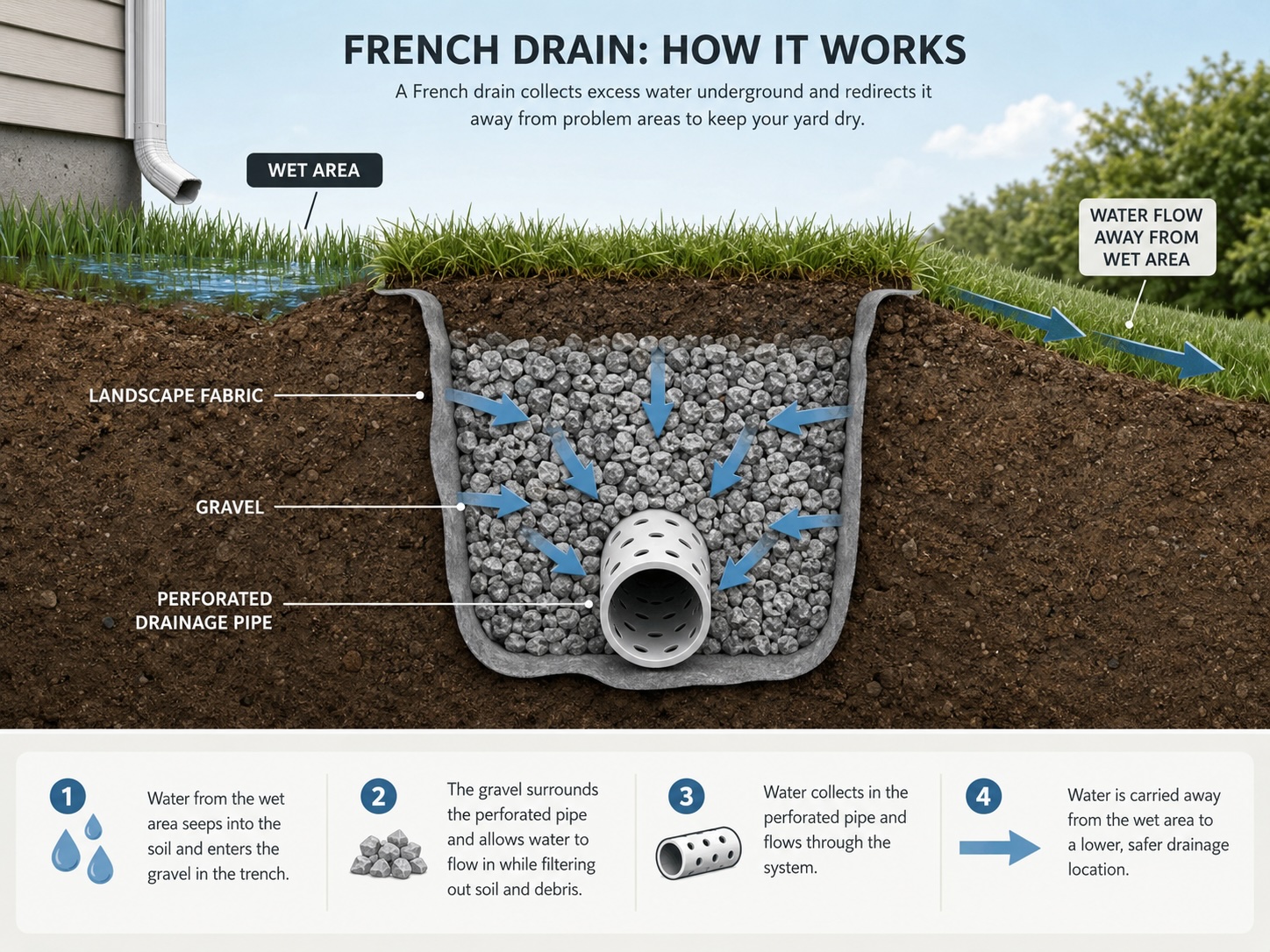 French drain cross section for yard drainage in Summerville SC