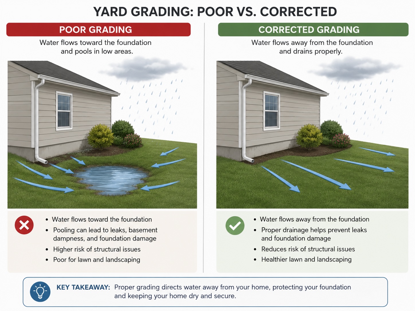 Diagram showing poor yard grading causing water to pool near a home