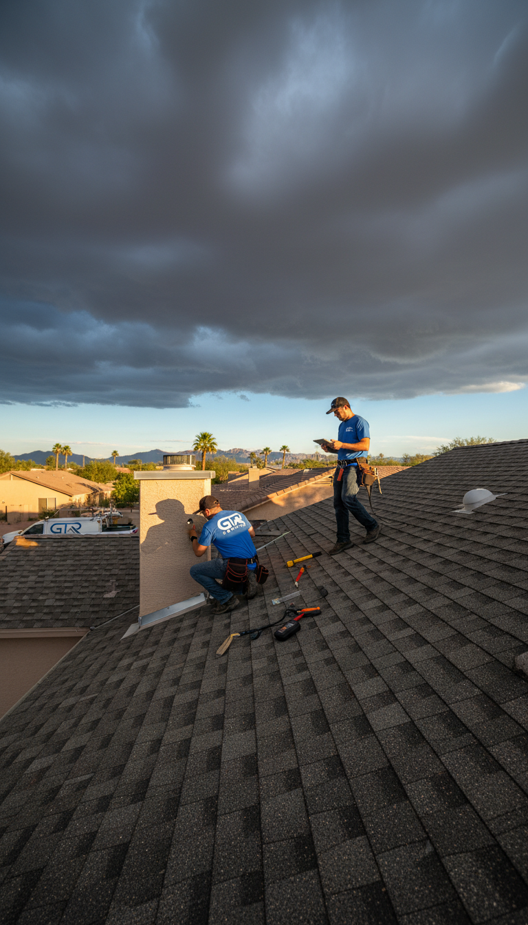 GTR Roofing contractor consulting with homeowner on roof project
