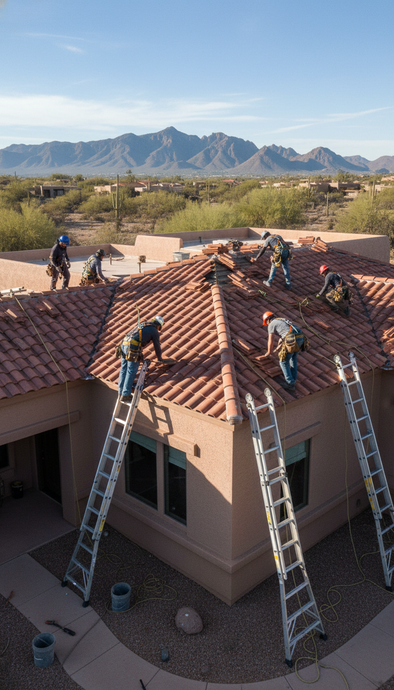 GTR Roofing crew installing clay tile roof in Arizona