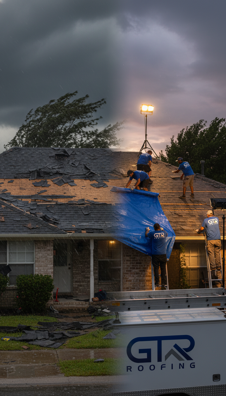 GTR Roofing emergency tarp crew securing Scottsdale roof after storm damage