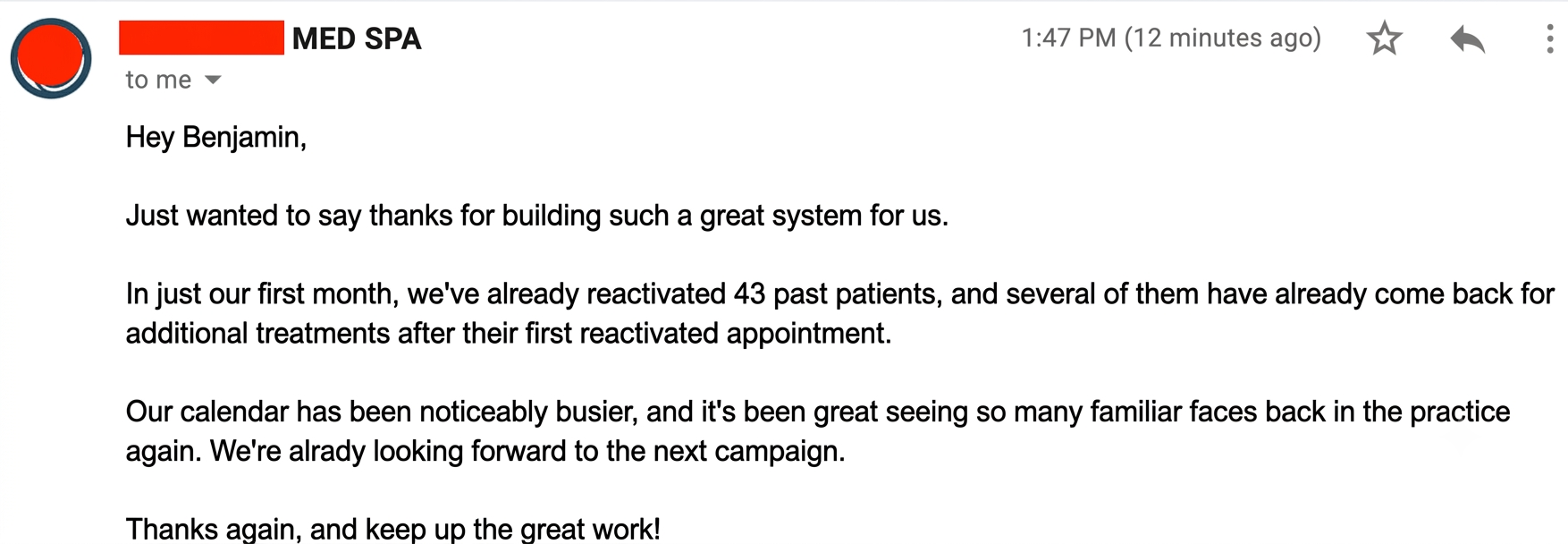 Med spa owner — 43 past patients reactivated in month 1