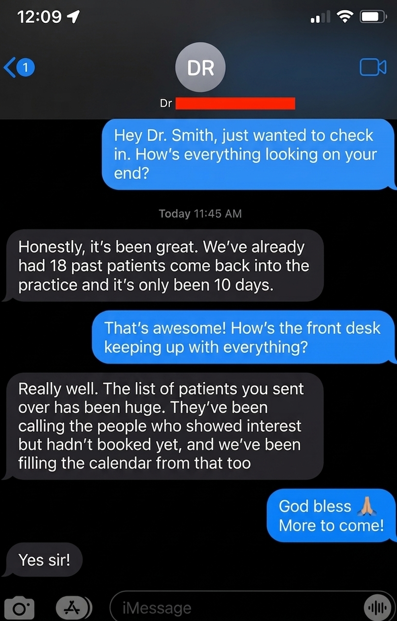 Client text — 18 patients back in 10 days