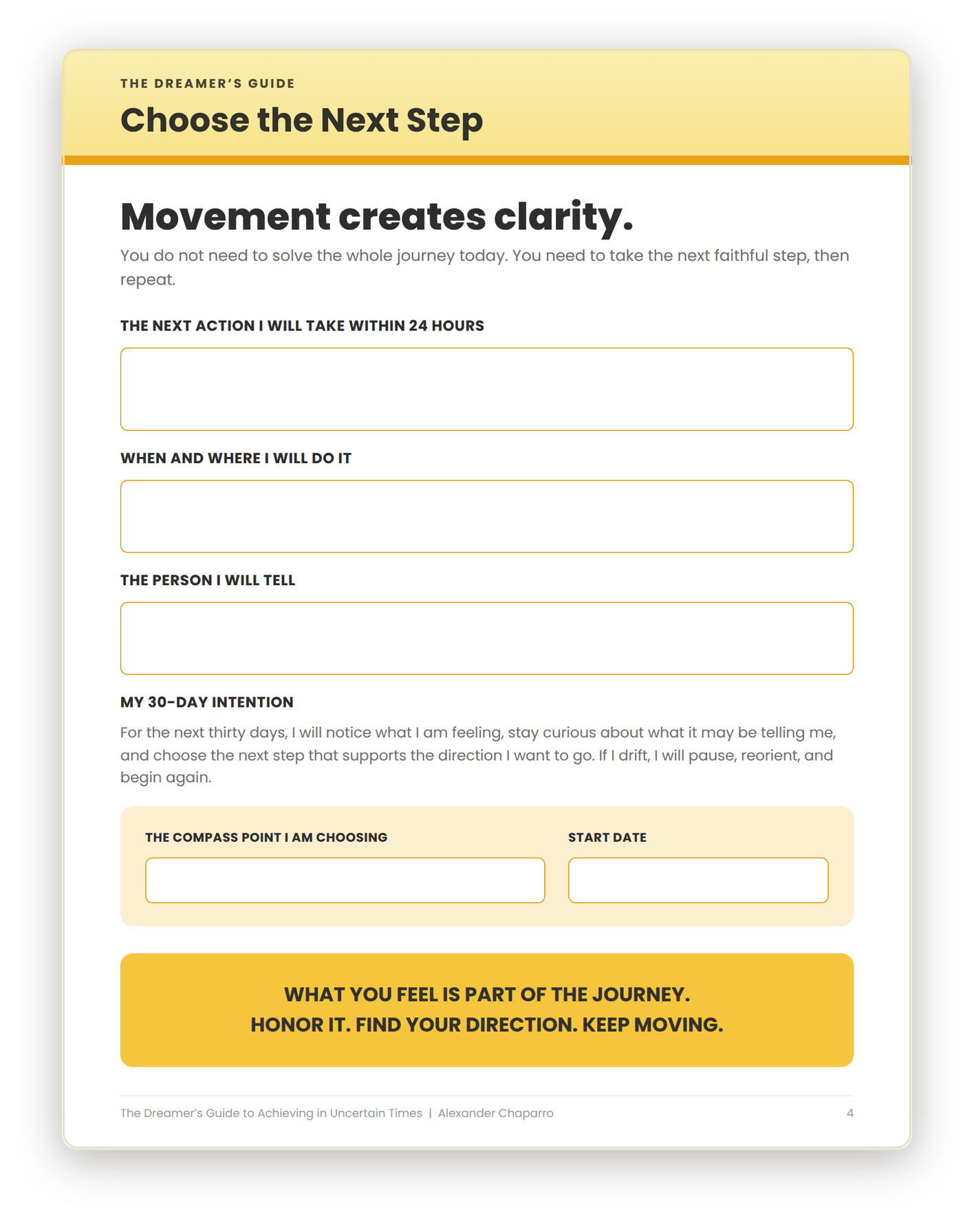 Workbook page 4: Choose the Next Step, with a 24-hour action and 30-day intention