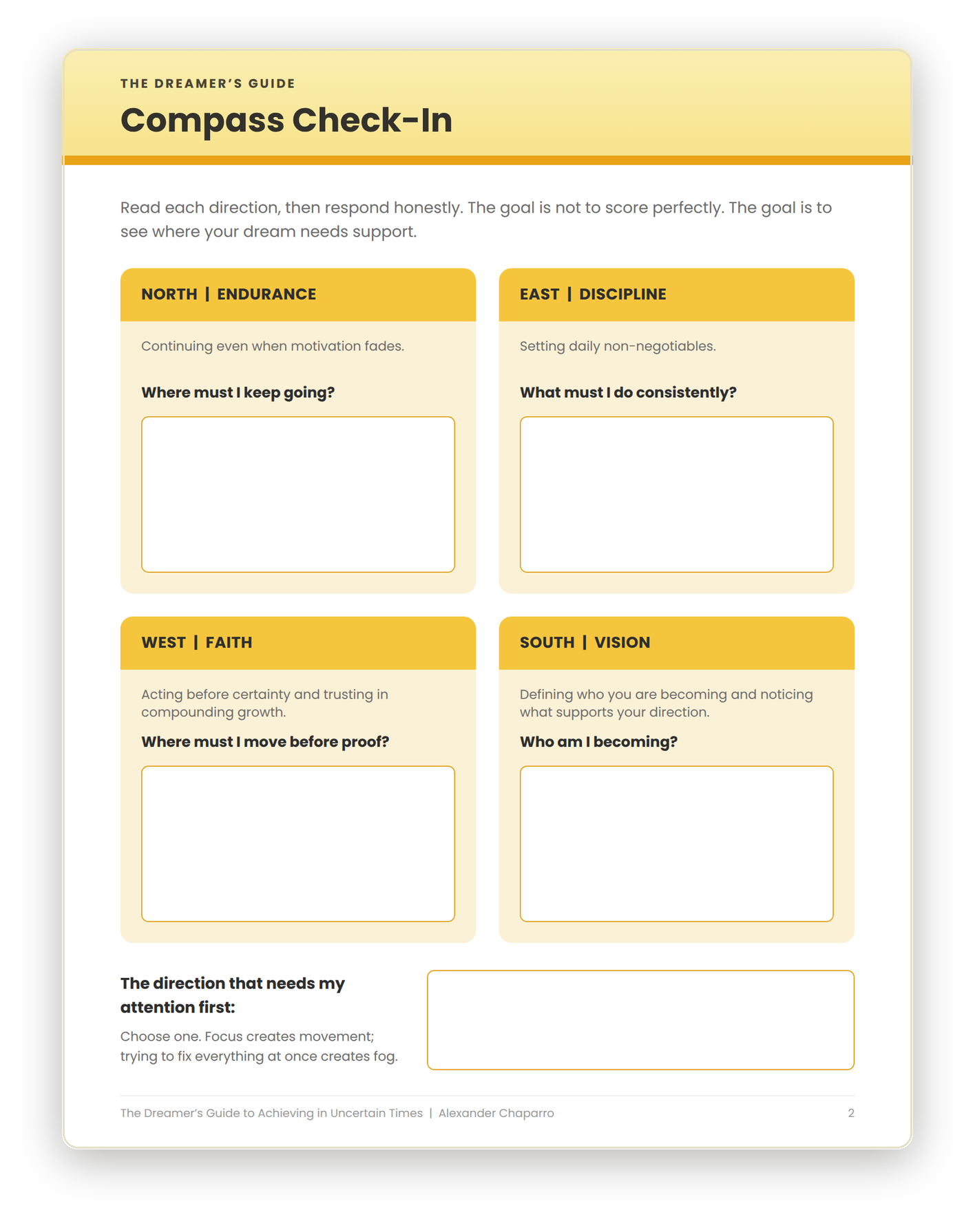 Workbook page 2: Compass Check-In, with North, East, West, and South reflection boxes