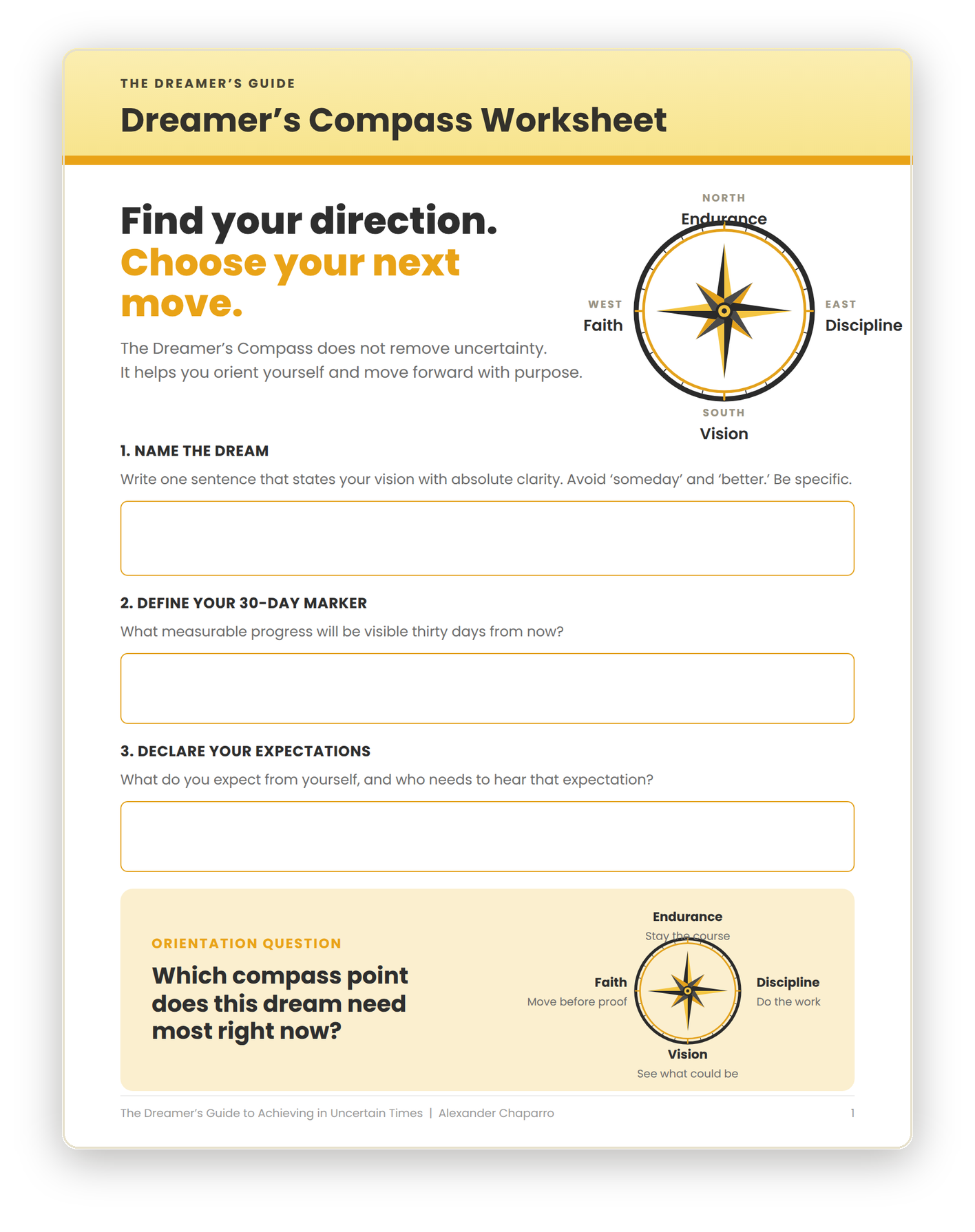Workbook page 1: Find your direction, name the dream, 30-day marker, and orientation question