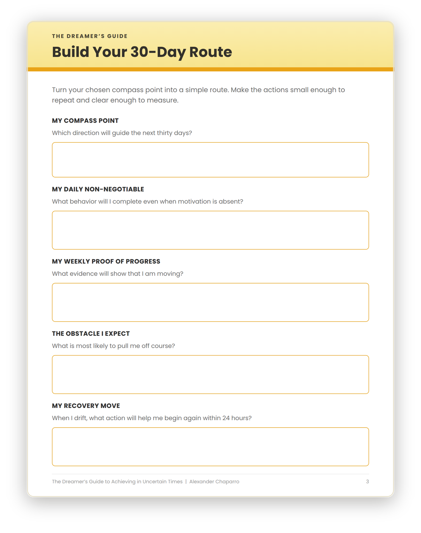 Workbook page 3: Build Your 30-Day Route, with daily non-negotiable and recovery move fields