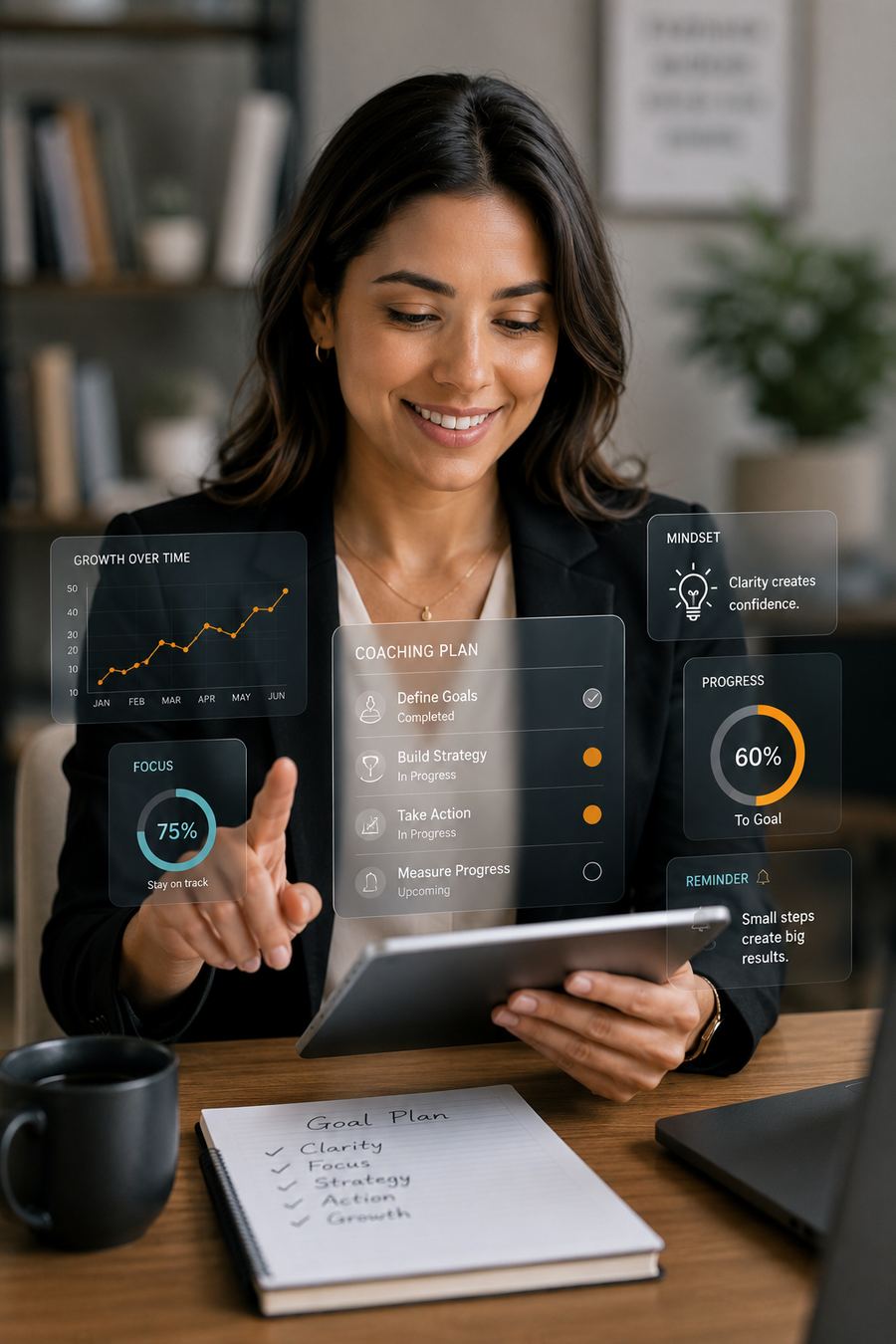 Woman reviewing a coaching plan and goal-tracking dashboard on a tablet