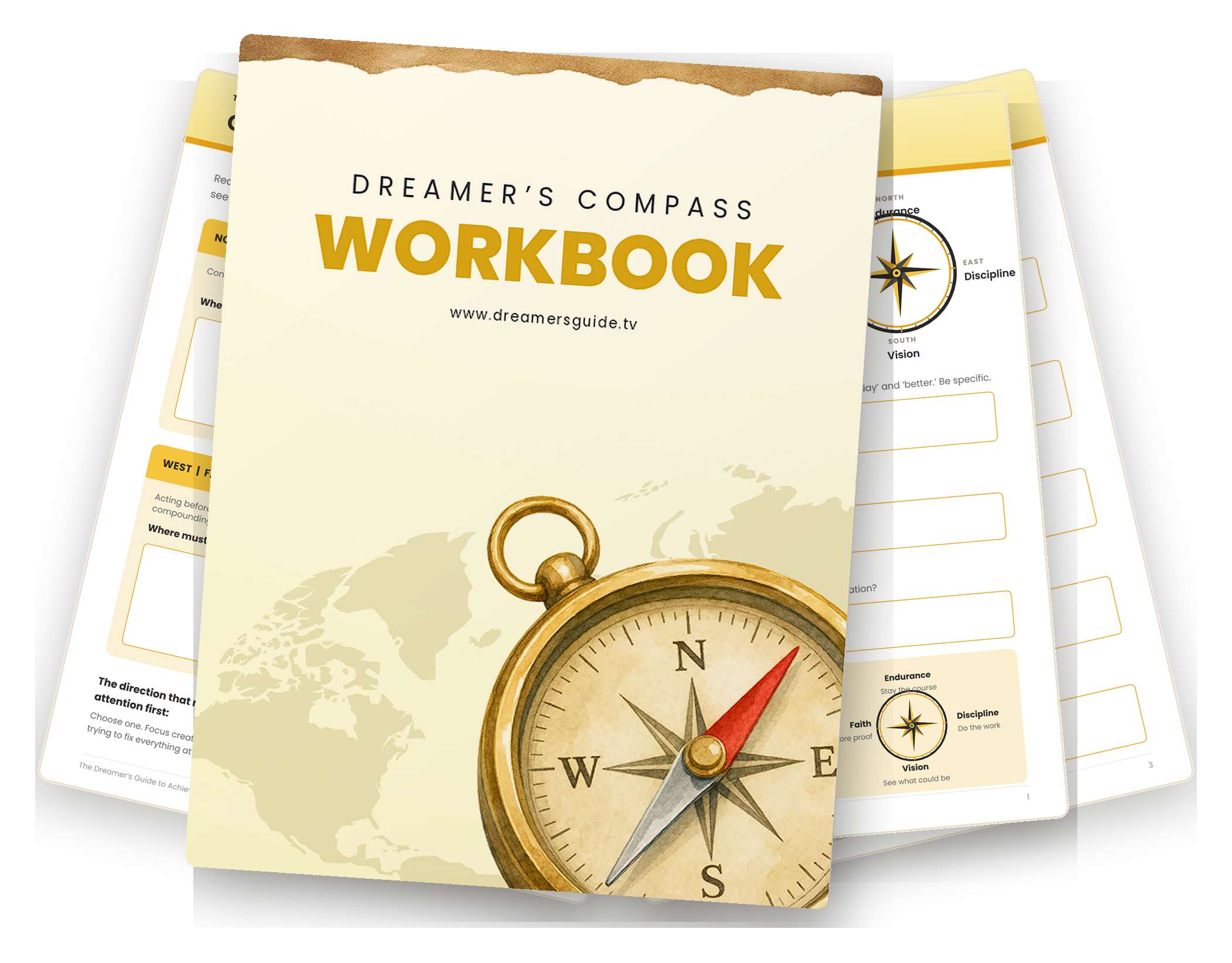 Dreamer's Compass Workbook cover mockup, three angled workbook pages fanned out with a brass compass illustration on the cover