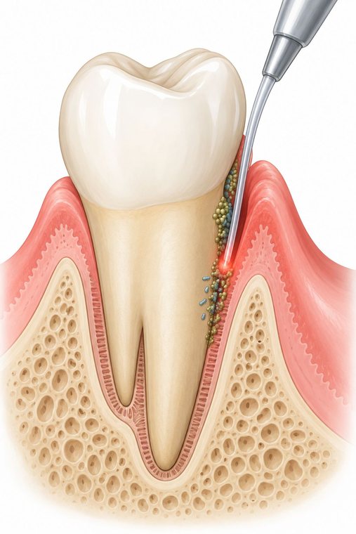 Diode laser fibre treating a periodontal pocket