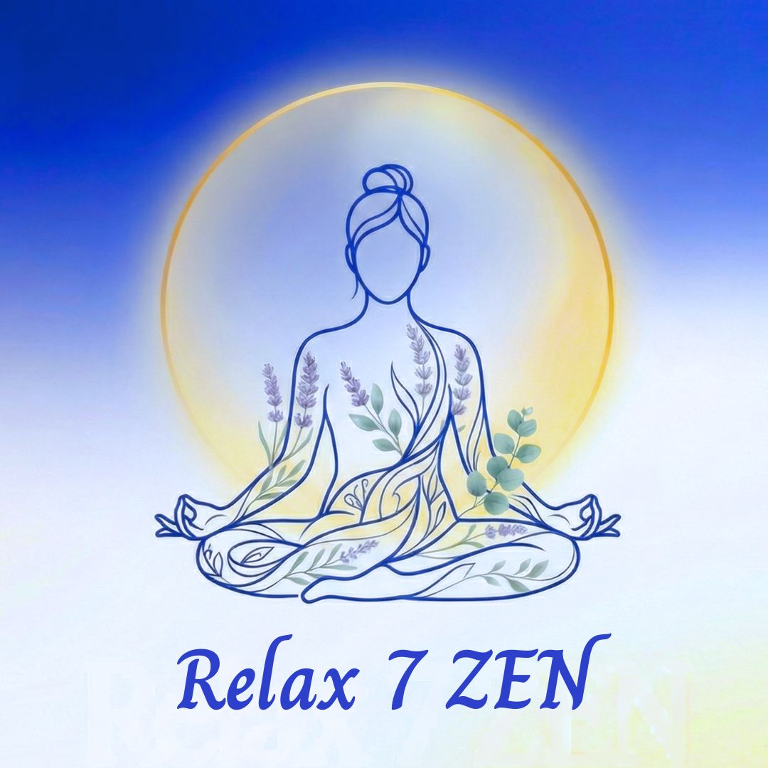 Relax 7 ZEN — figura femenina meditando con lavanda y eucalipto