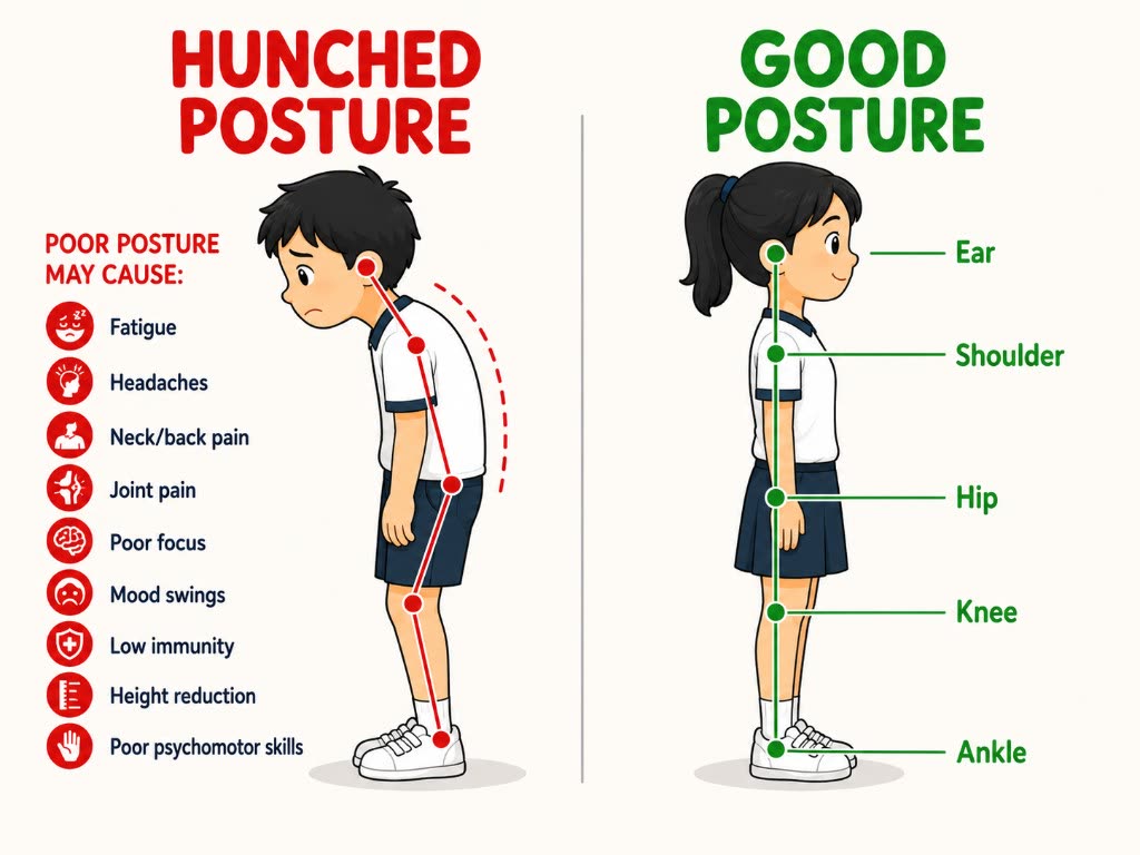 Comparison of hunched posture and good posture in children, with alignment lines from ear to ankle