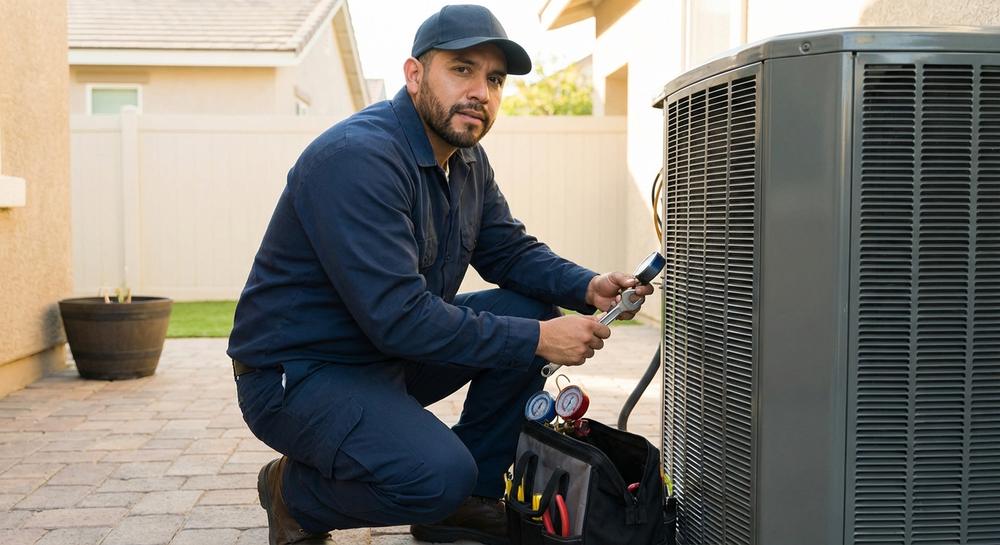 A technician mid-job, hands full, unable to reach the phone