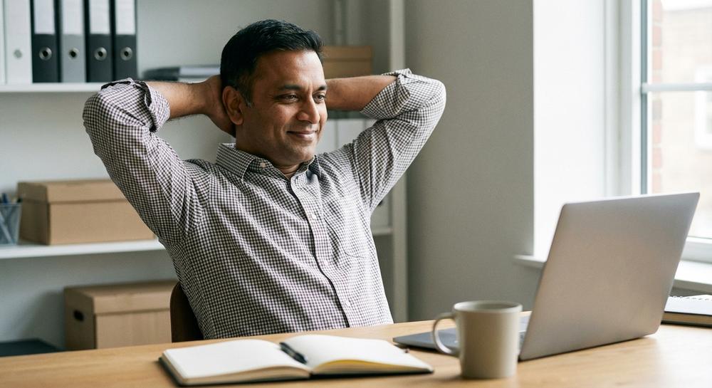 A business owner leaning back at his desk, unhurried, while the follow-up runs itself