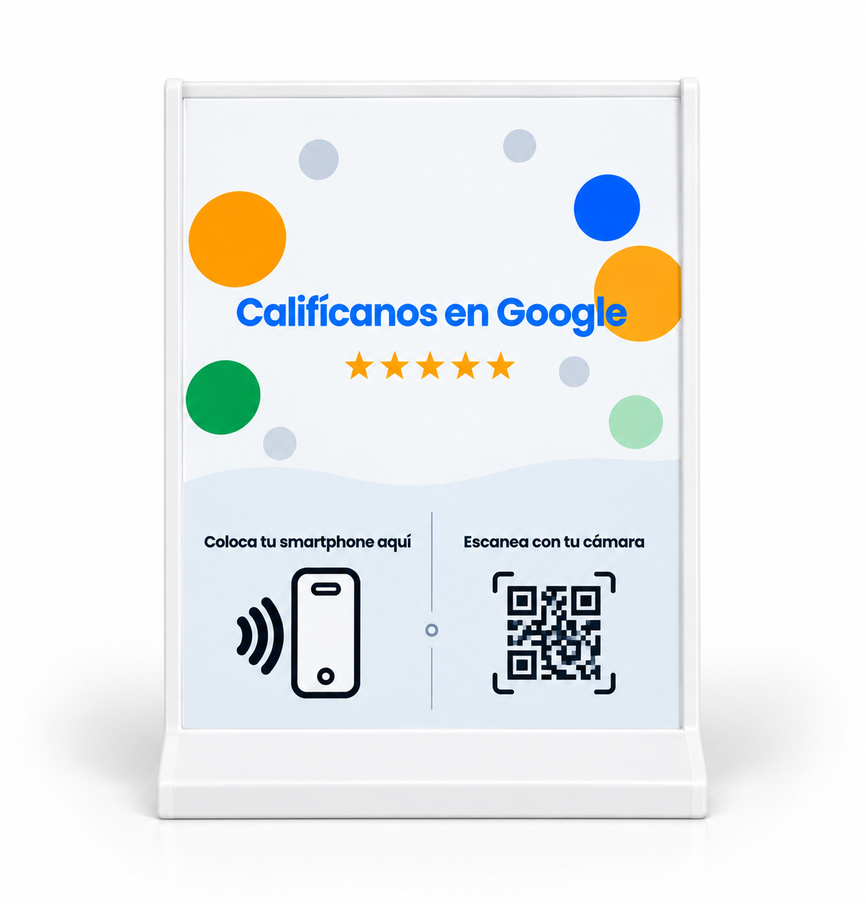 Display de mesa Funnelead con zona NFC y código QR para dejar reseña en Google
