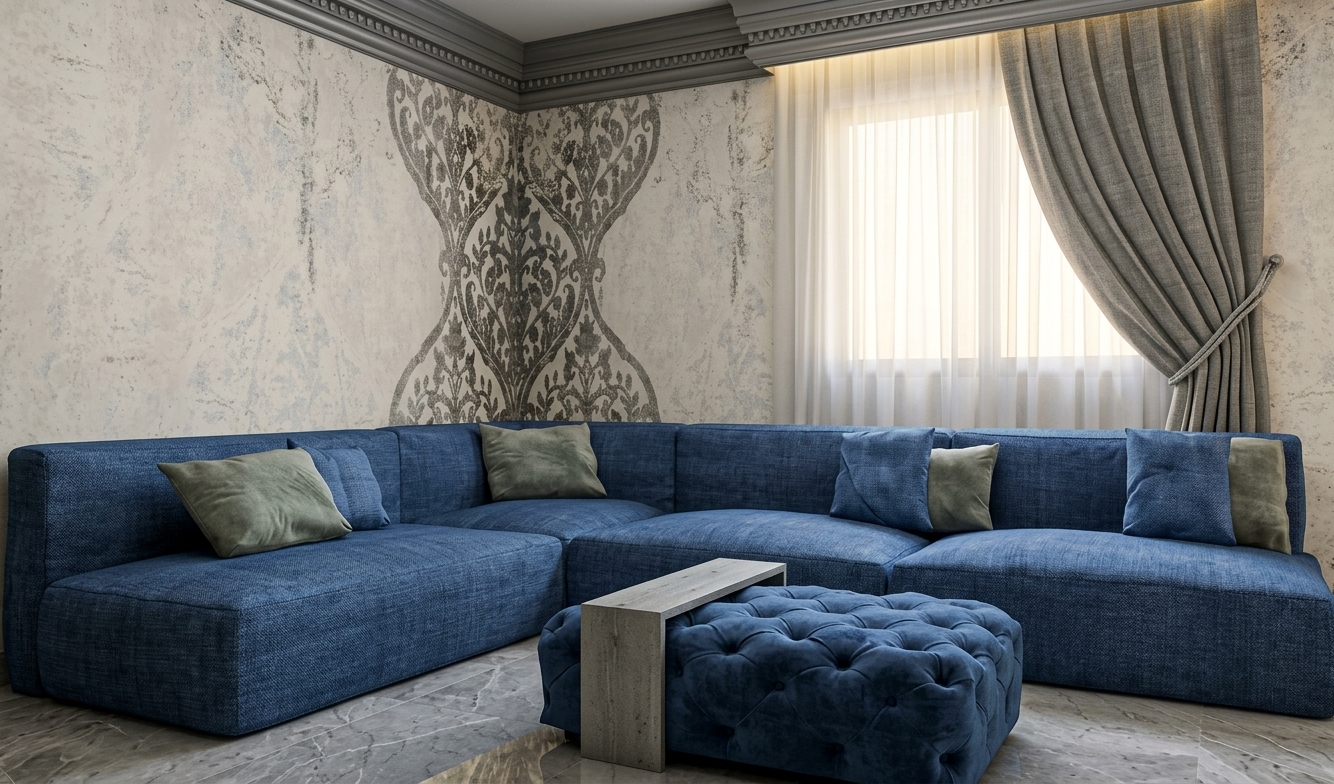 Illustration of an Olivia Residence living room with blue seating