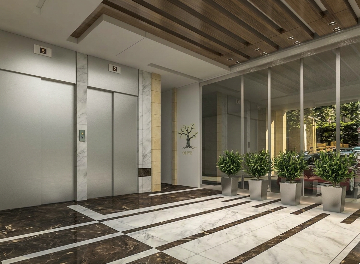 Illustration of the Olivia Residence entrance with elevators and marble floor