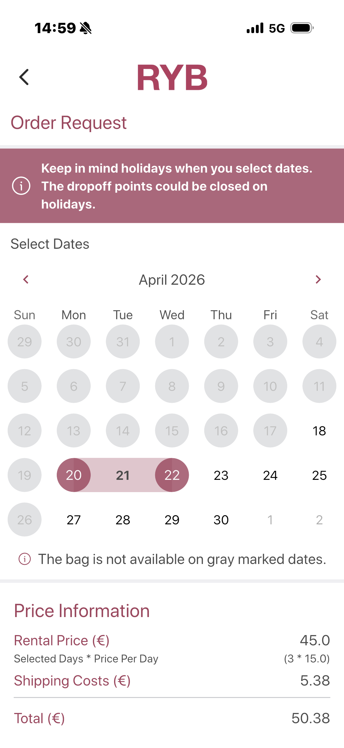 Calendário de reserva