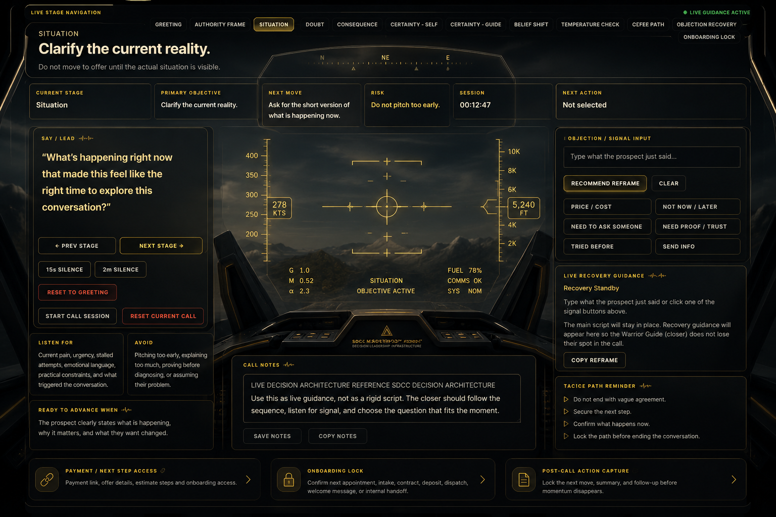 Live Call HUD cockpit-style decision environment