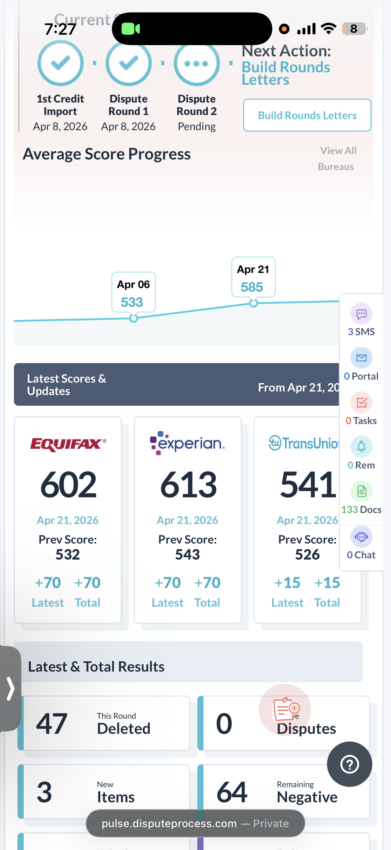 Client credit monitoring dashboard showing three-bureau score comparison with point gains