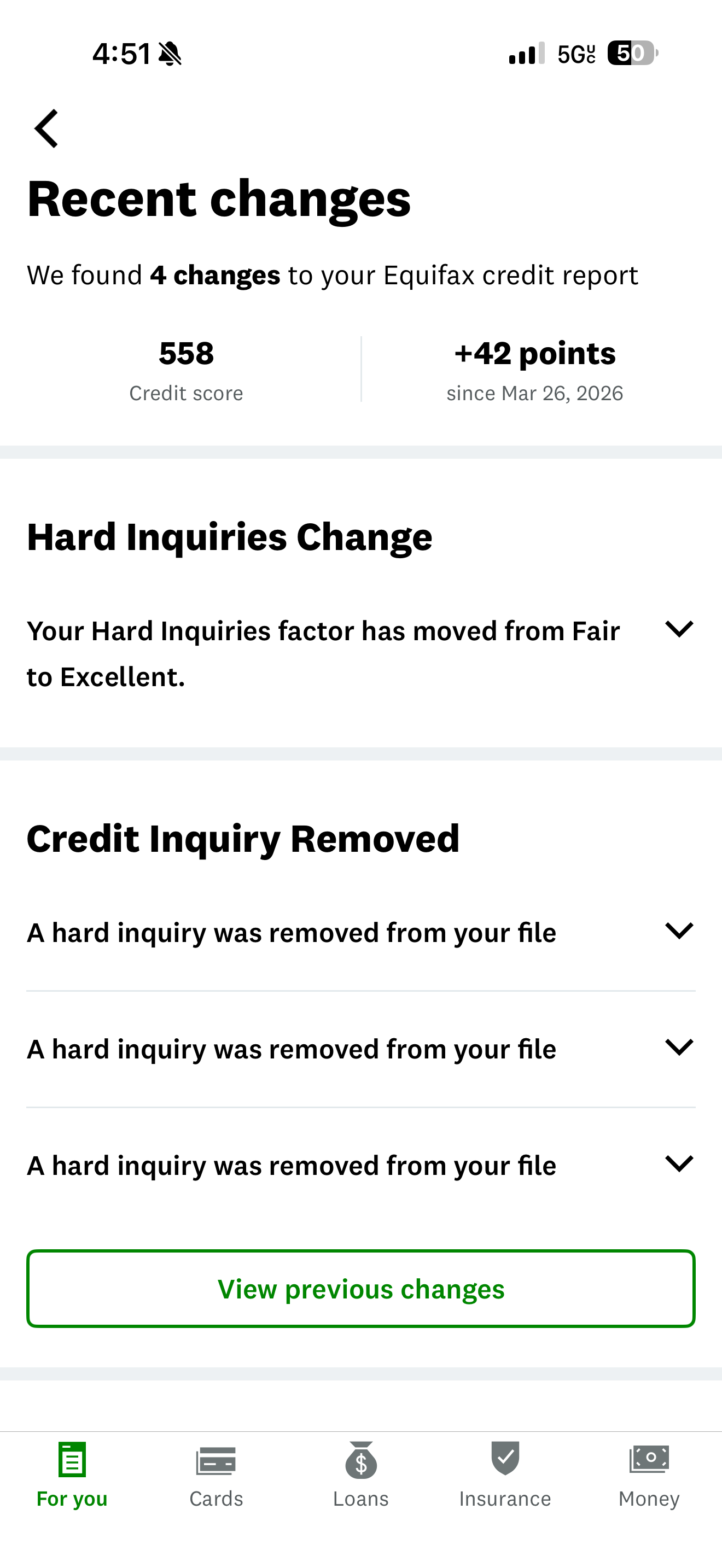 Client credit monitoring app notification showing a hard inquiry removed