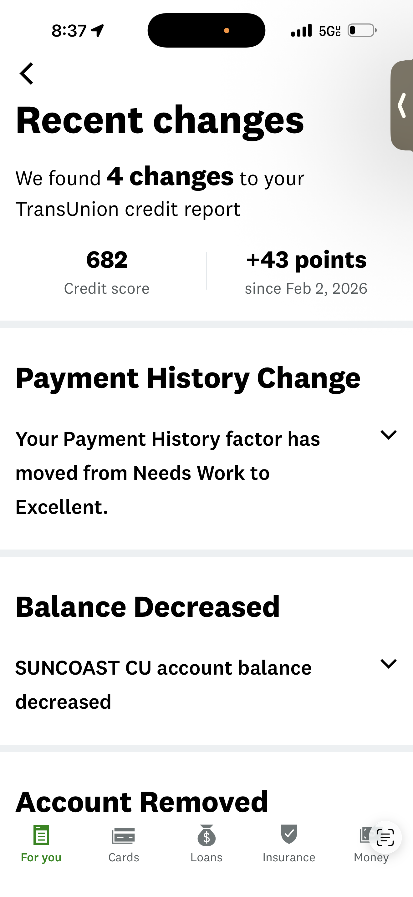 Client credit monitoring app notification showing payment history moved to Excellent and balance decreased