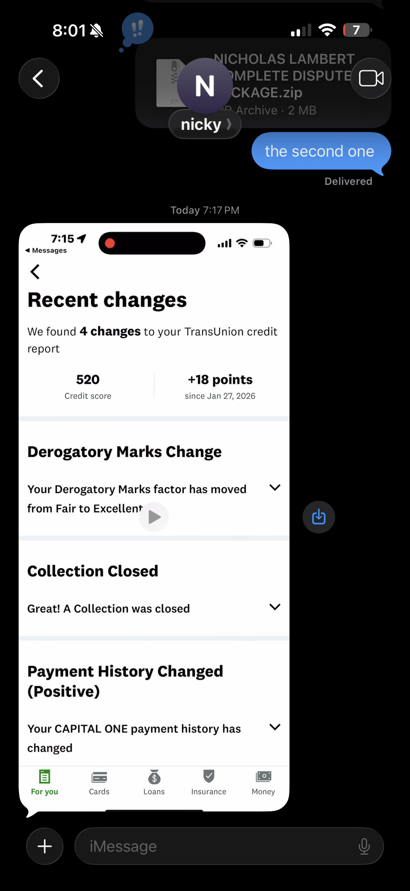 Client credit monitoring app notification showing derogatory marks factor improved and a collection closed