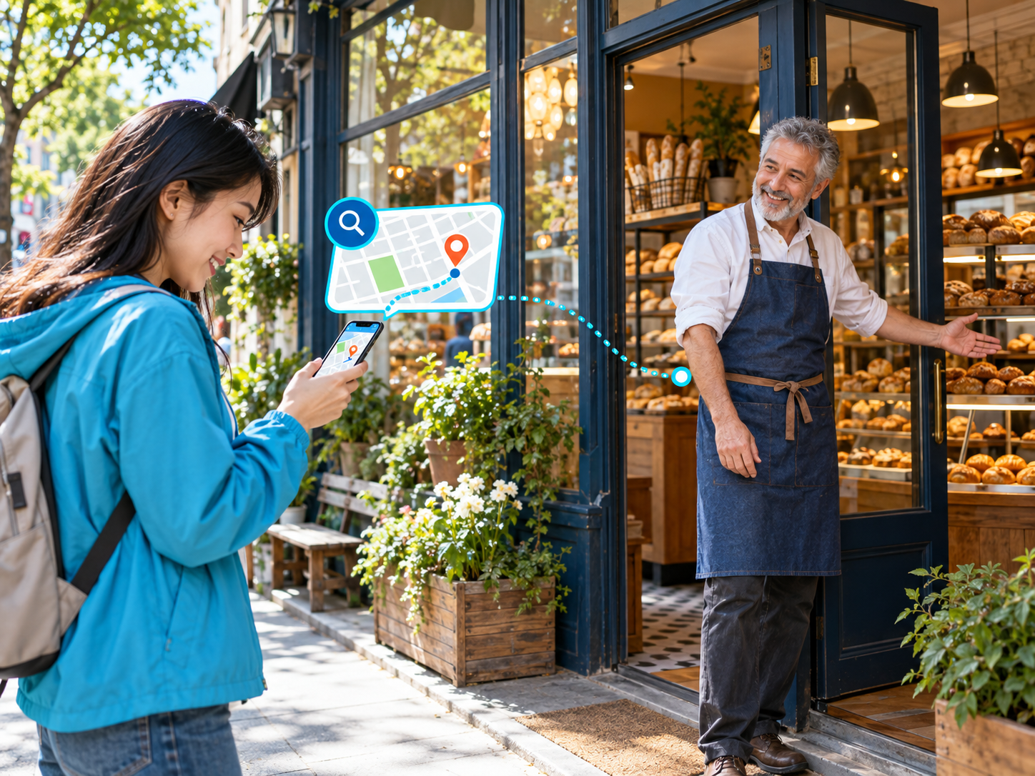 Customer follows a smartphone map to a neighborhood shop as its owner welcomes her.