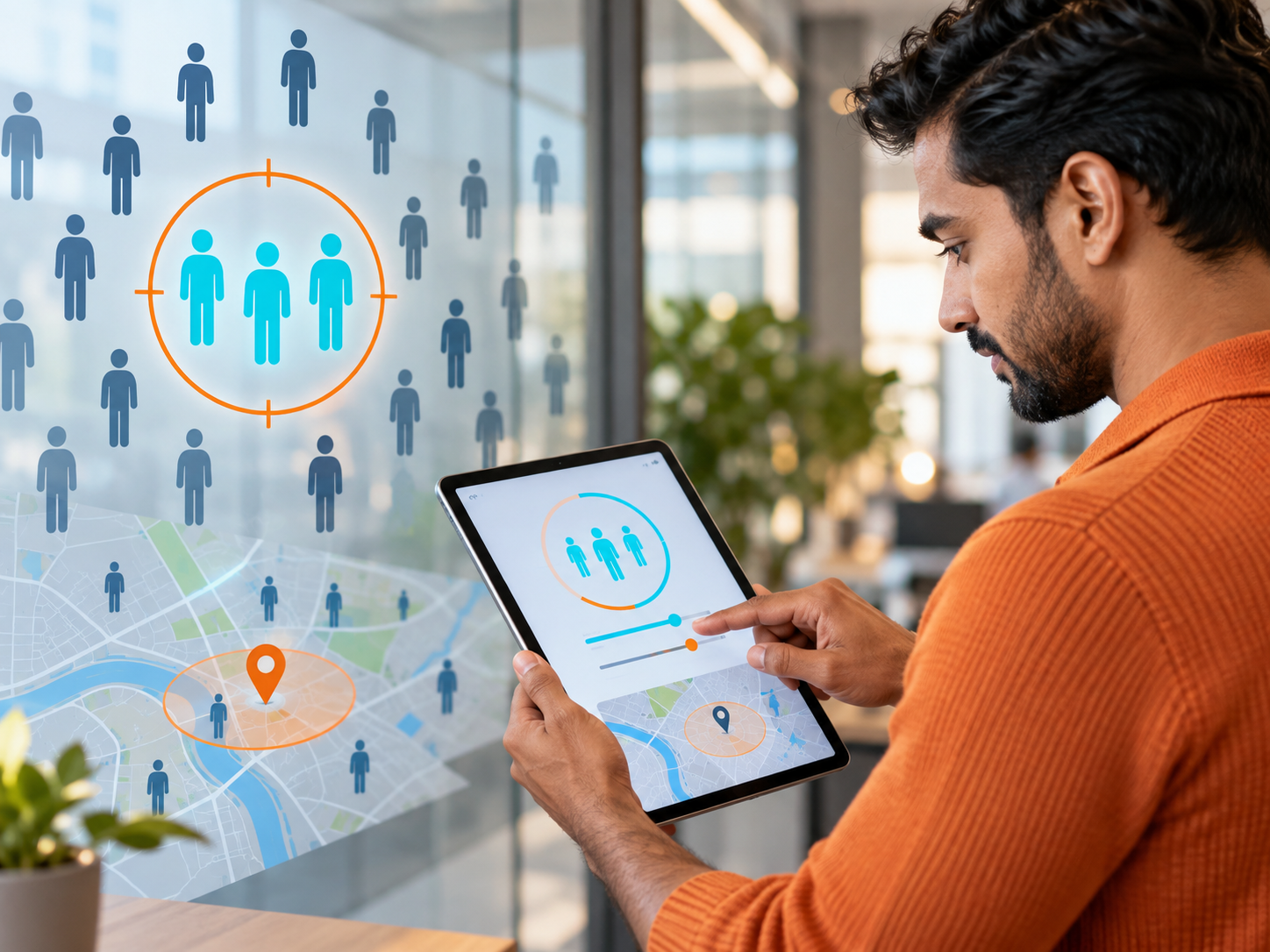Business owner uses a tablet beside an audience selection graphic highlighting relevant customers.