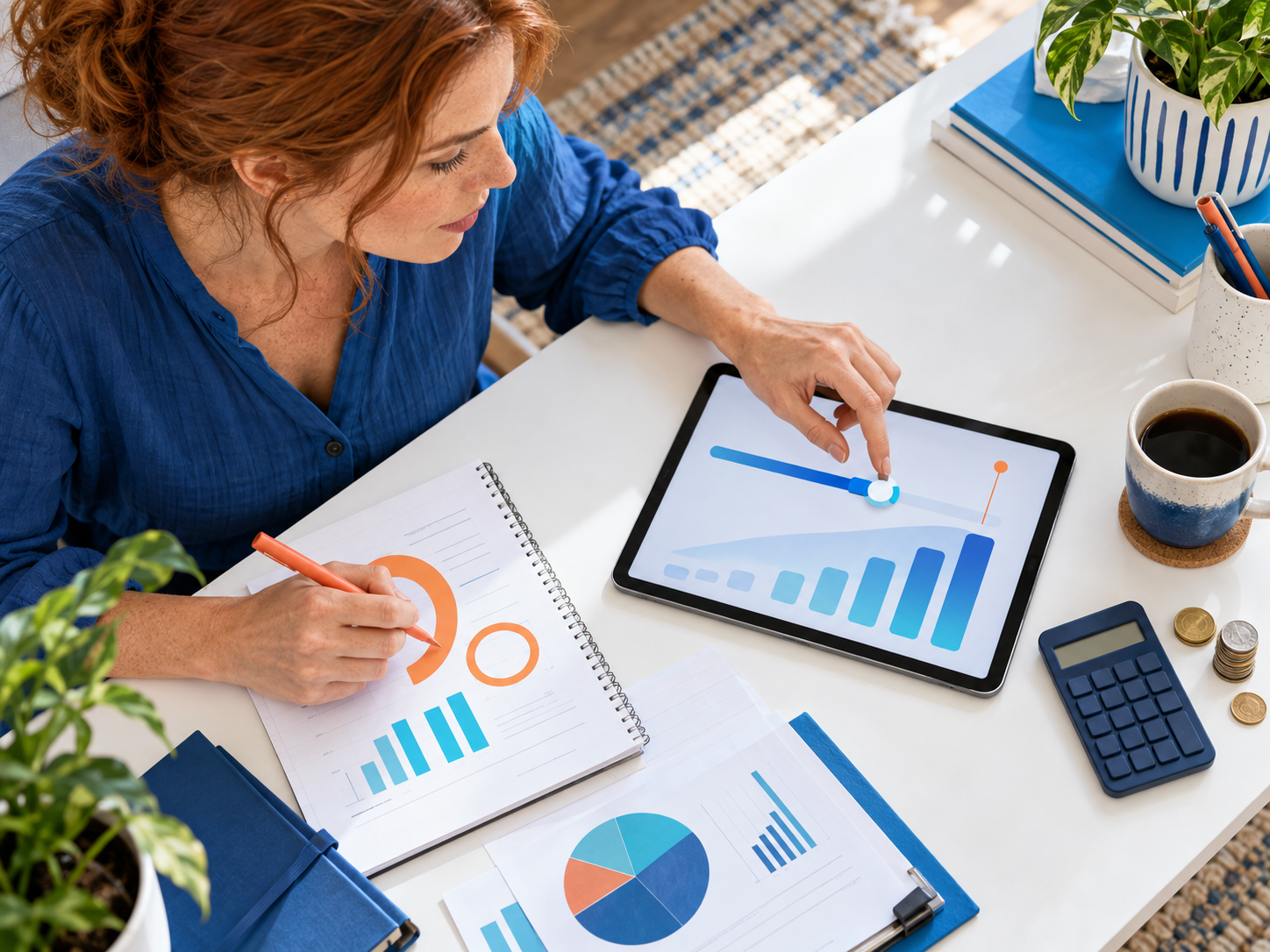 Overhead view of a business owner planning campaign spending with a tablet and budget controls.