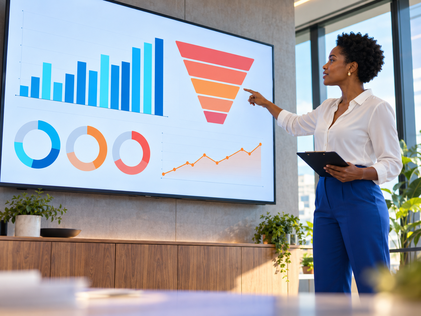 Analyst points to a marketing dashboard with illustrative charts and conversion graphics.