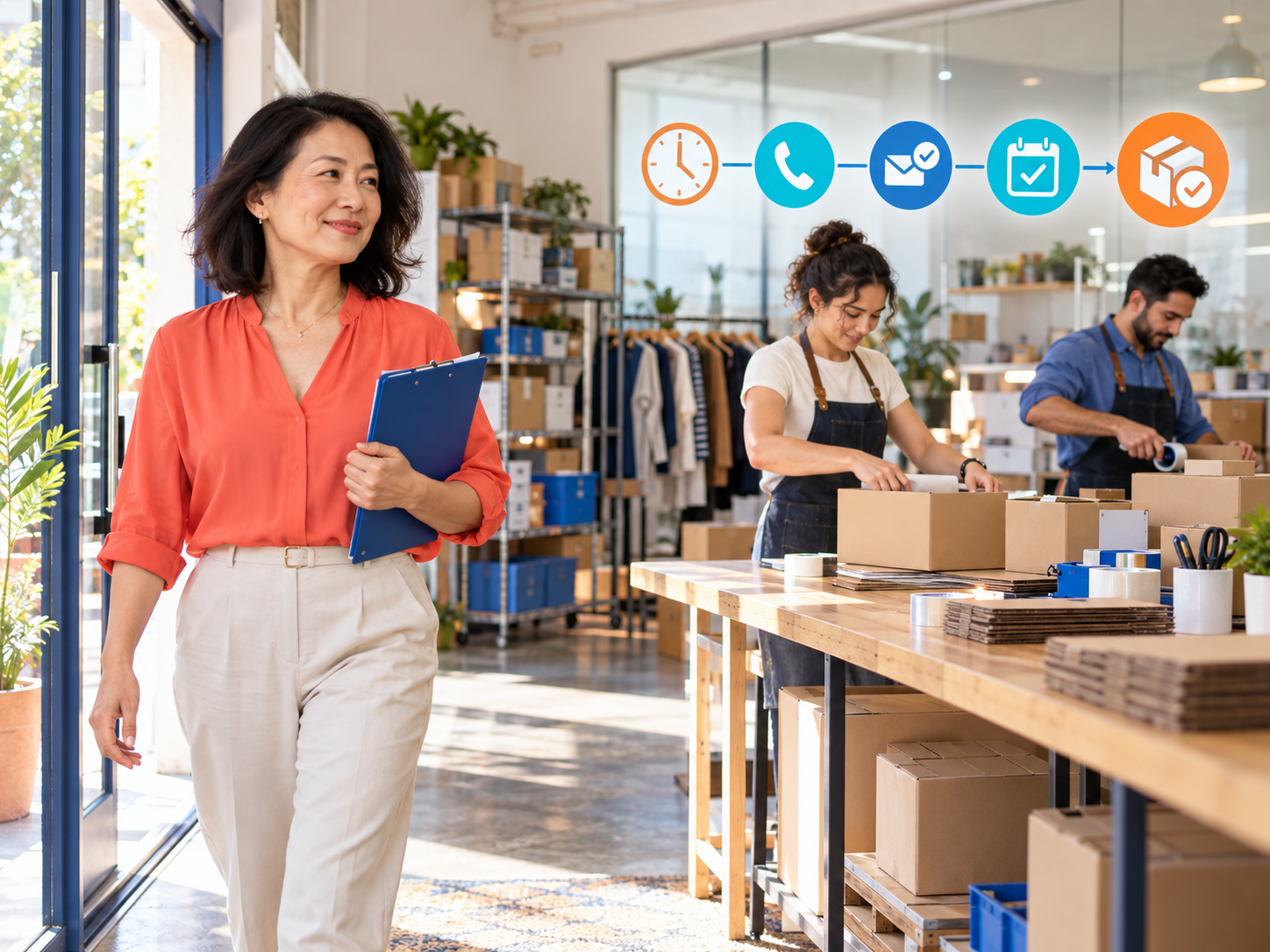 Business manager walks through a fulfilment studio beside an automated enquiry-to-completion workflow.