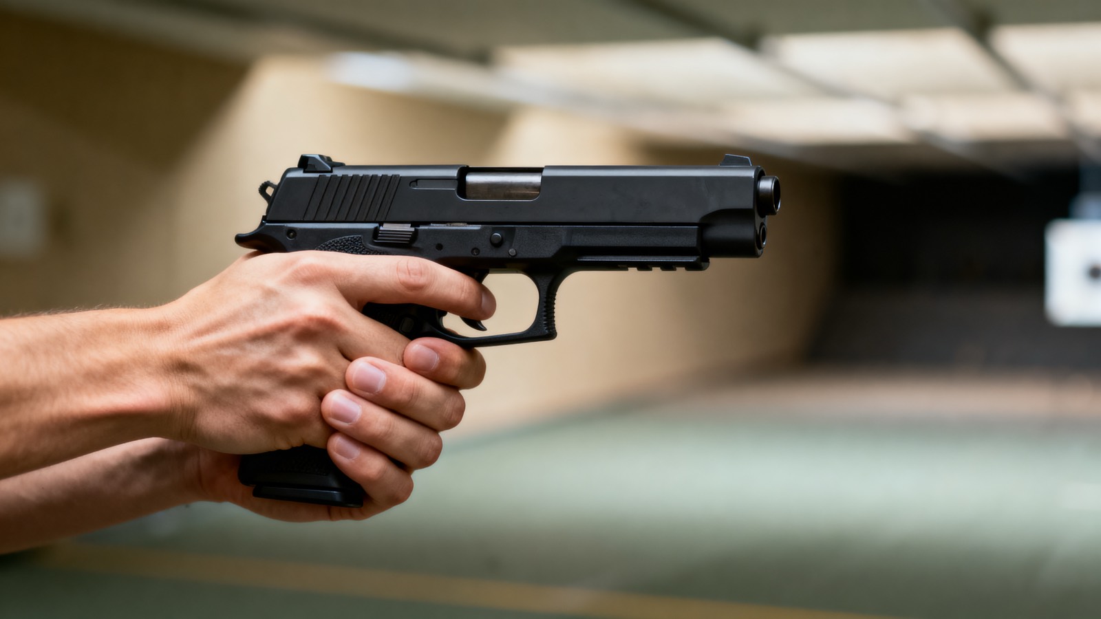 Beidhändiger Griff an einer Sportpistole in frontaler Haltung, die Hände sitzen hoch am Griffstück für weniger Rückstoßhebel.