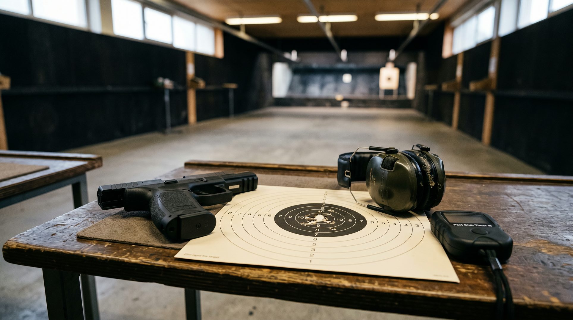 Sportpistole neben beschossener Ringscheibe und Schusstimer auf dem Tisch eines 25-Meter-Schießstands