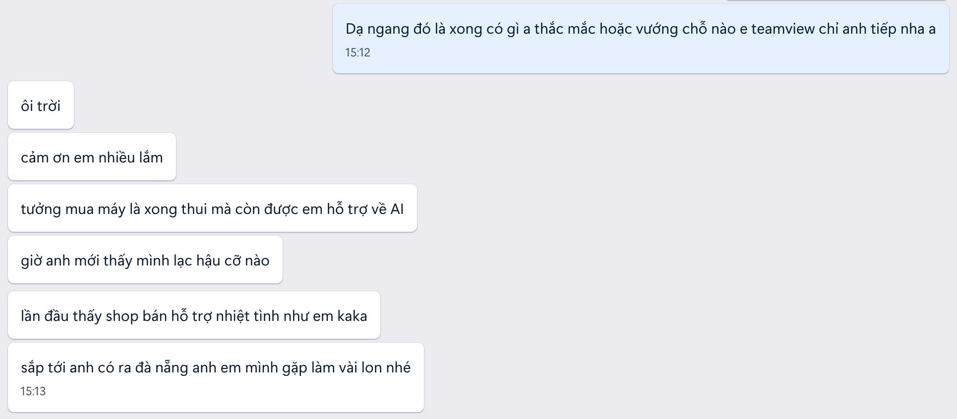 Tin nhắn khách hàng cảm ơn HuyMacbook sau khi mua máy