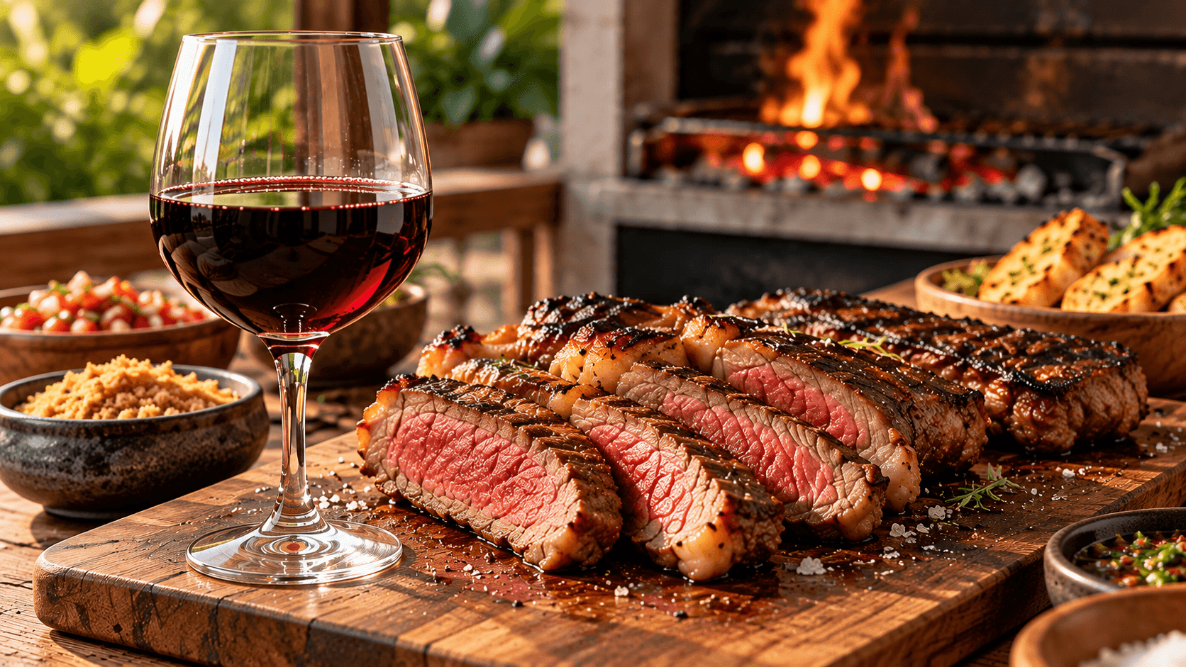 churrasco com uma taça de vinho