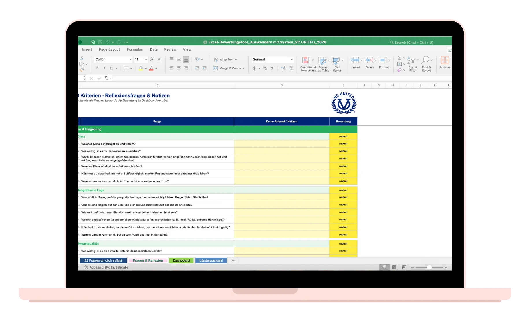 Länderauswahl-System Excel Mockup