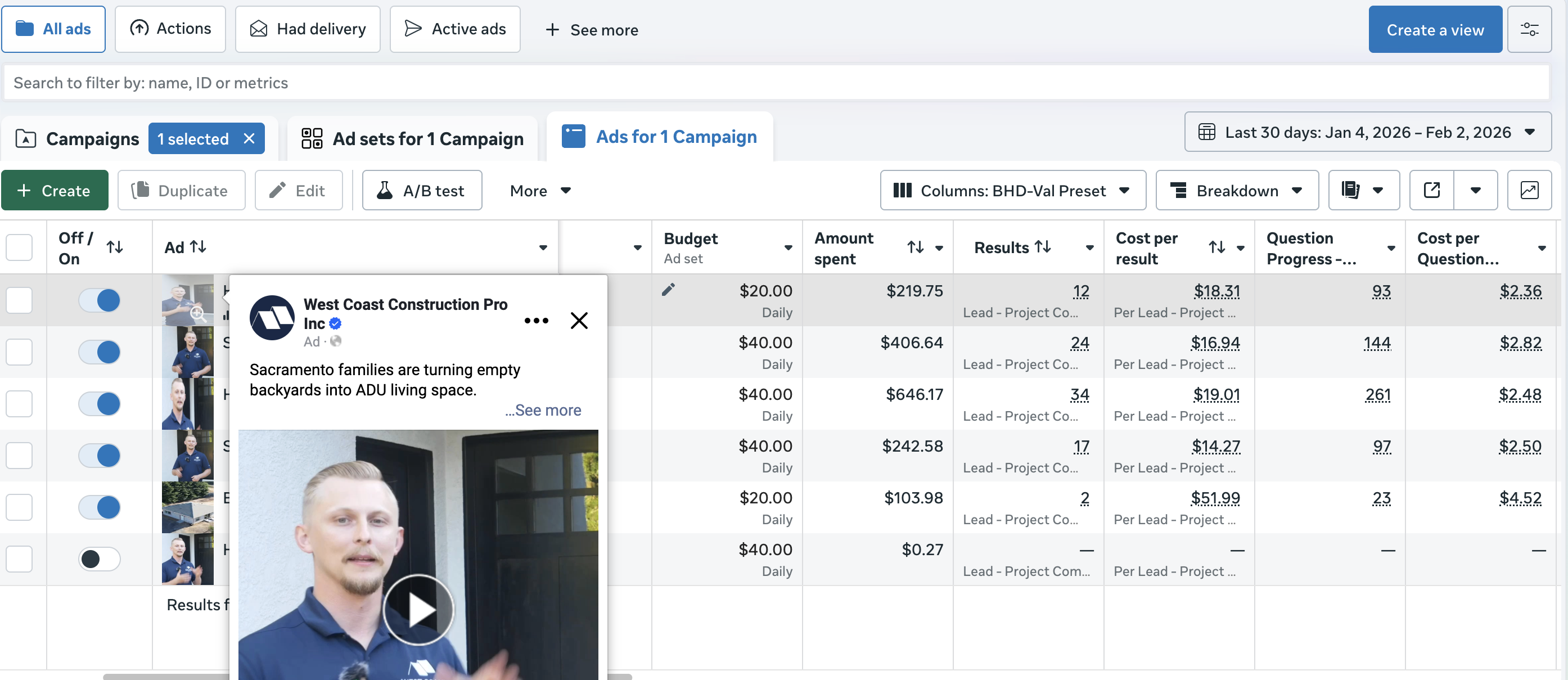 30 day ADU contractor lead generation results