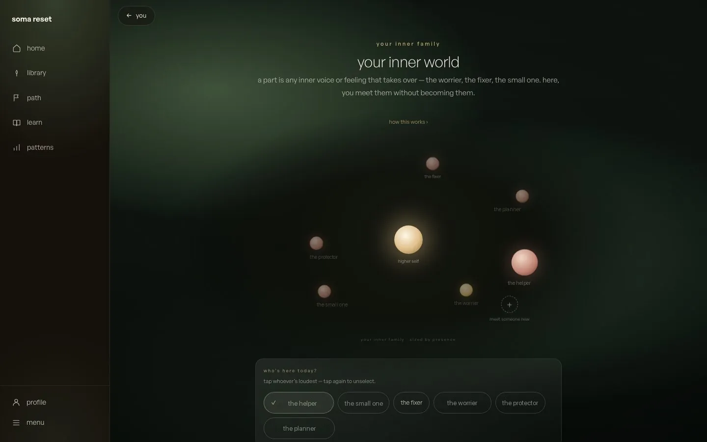 your inner world, parts sized by presence, on a computer