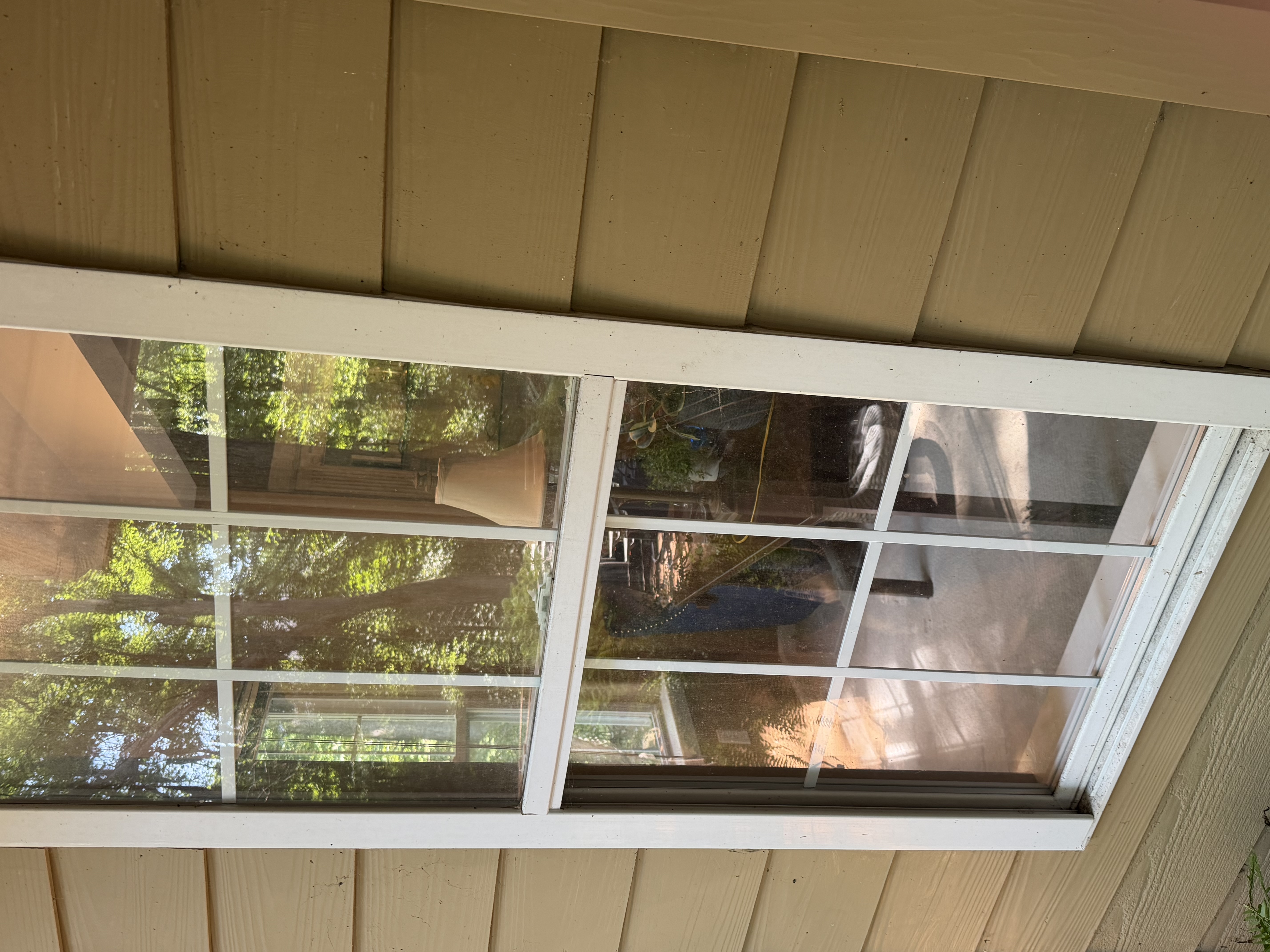 A window with a white frame and a grid of panes on tan horizontal lap siding.